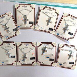 New Old Stock Birthstone Cross Cz Necklace Vintage Silver Tone Gift Birthday